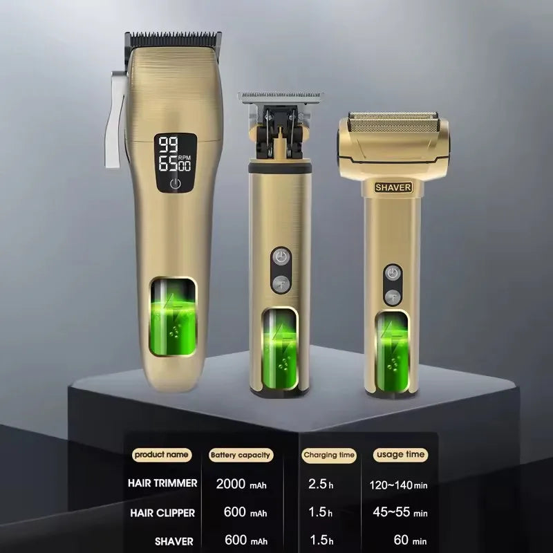 Full Body Waterproof Hair Clipper with accessories including limit combs and USB charging cables, showcasing its professional design and features.