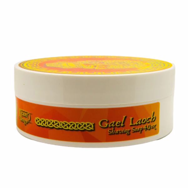 Gael Laoch Orange Shaving Soap by Murphy and McNeil in a 4.0oz jar, featuring vibrant packaging and artistic design.