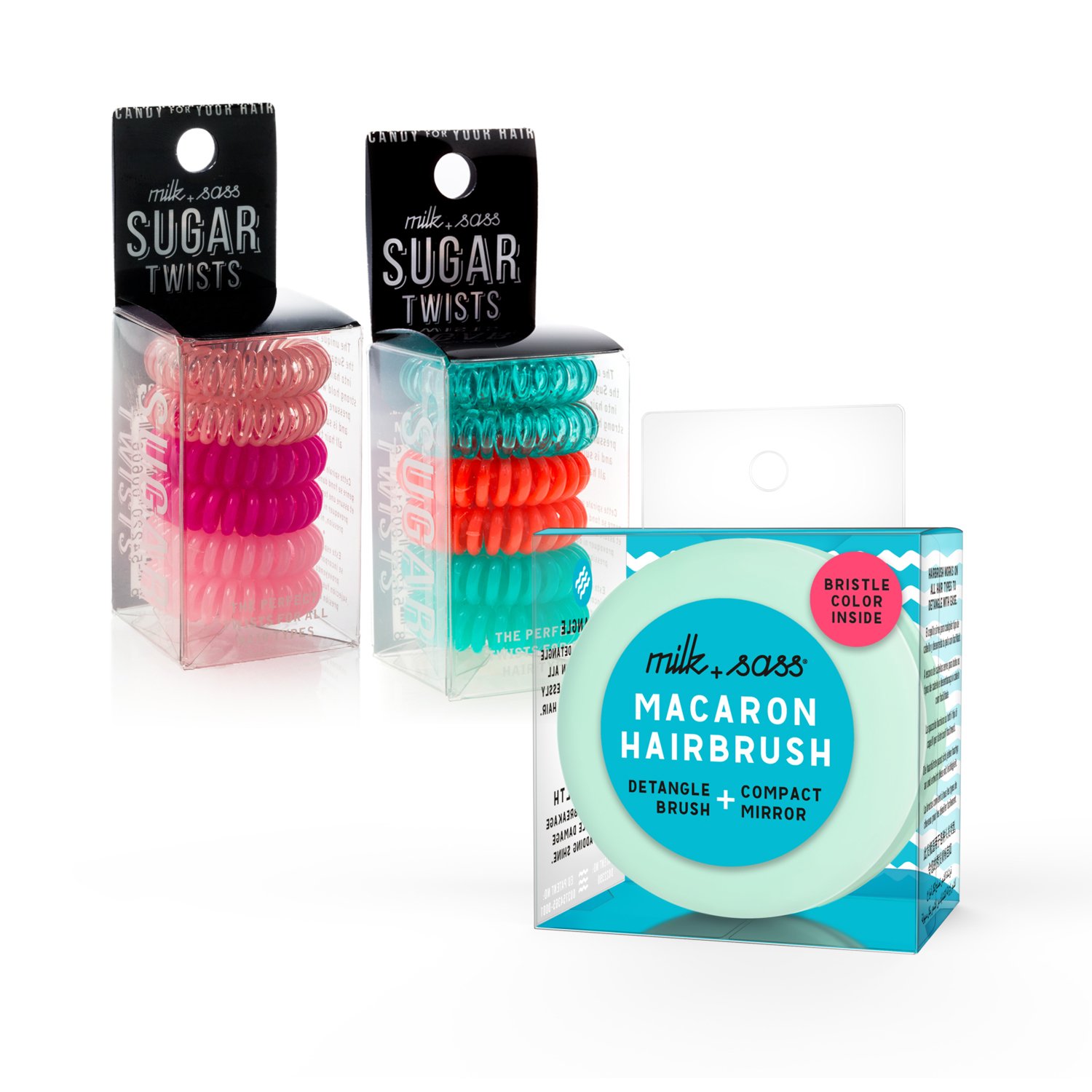 A cute gift set bundle featuring two sugar twists coil hair ties and a macaron-shaped detangling hairbrush, perfect for travel.