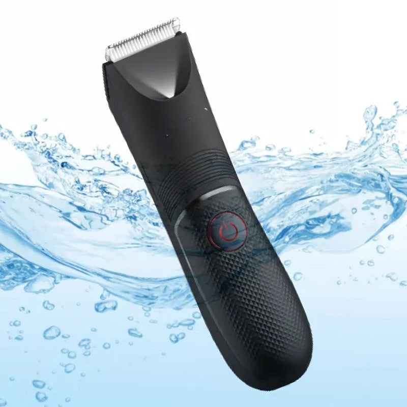 Groin area hair trimmer featuring a ceramic blade, waterproof design, and USB charging dock, ideal for safe grooming.