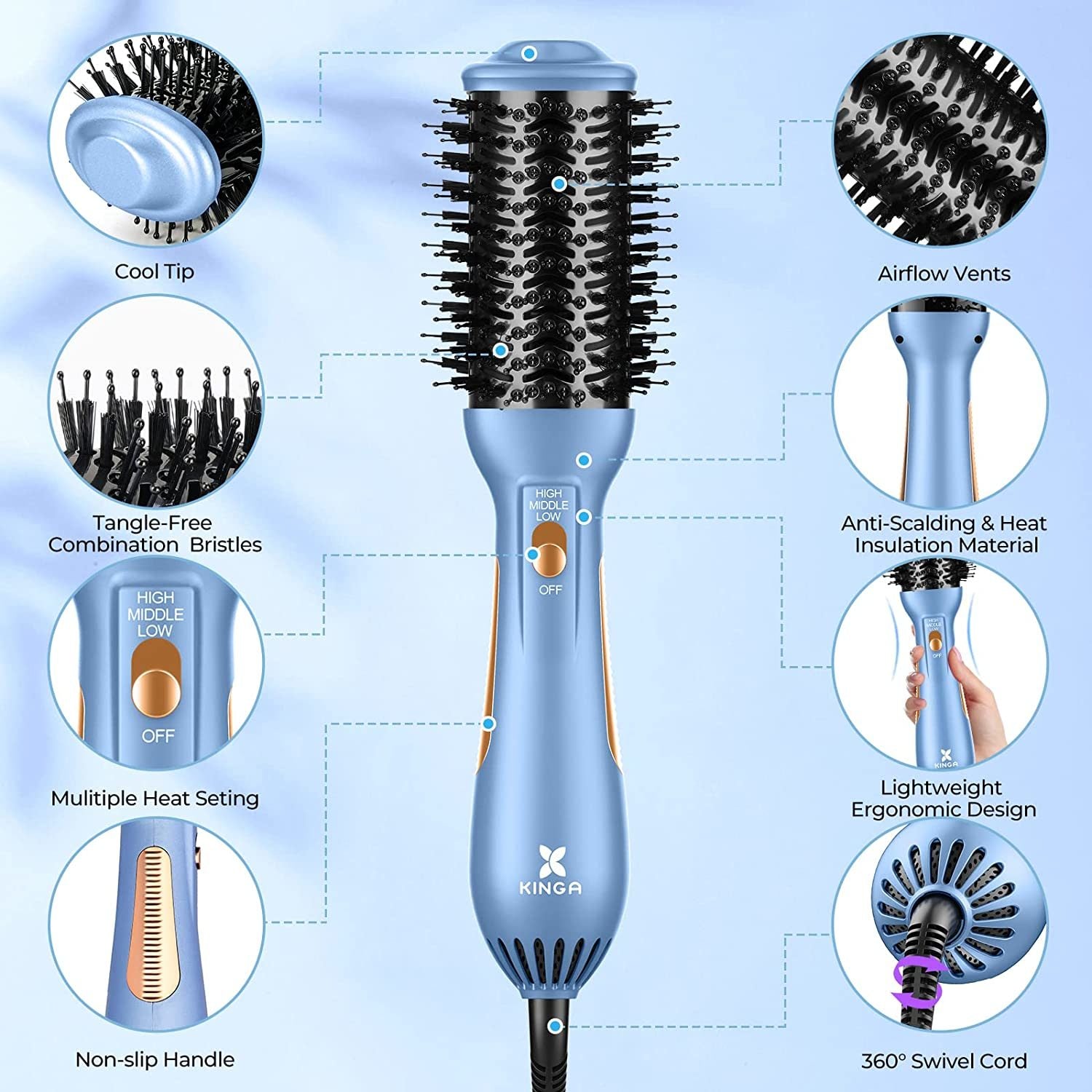 A sleek and modern Hair Brush Blow Dryer with a round brush design, featuring nylon bristles and a ceramic coating for effective styling and drying.