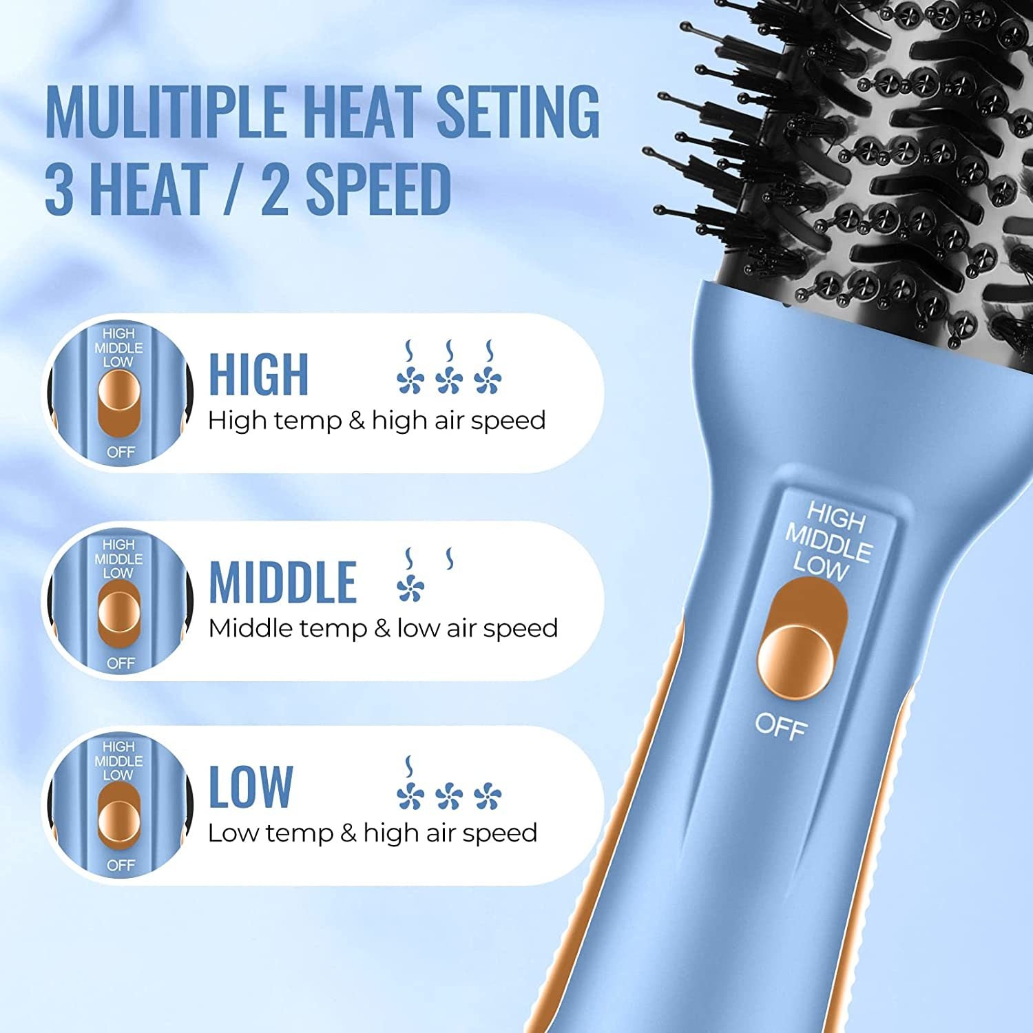 A sleek and modern Hair Brush Blow Dryer with a round brush design, featuring nylon bristles and a ceramic coating for effective styling and drying.