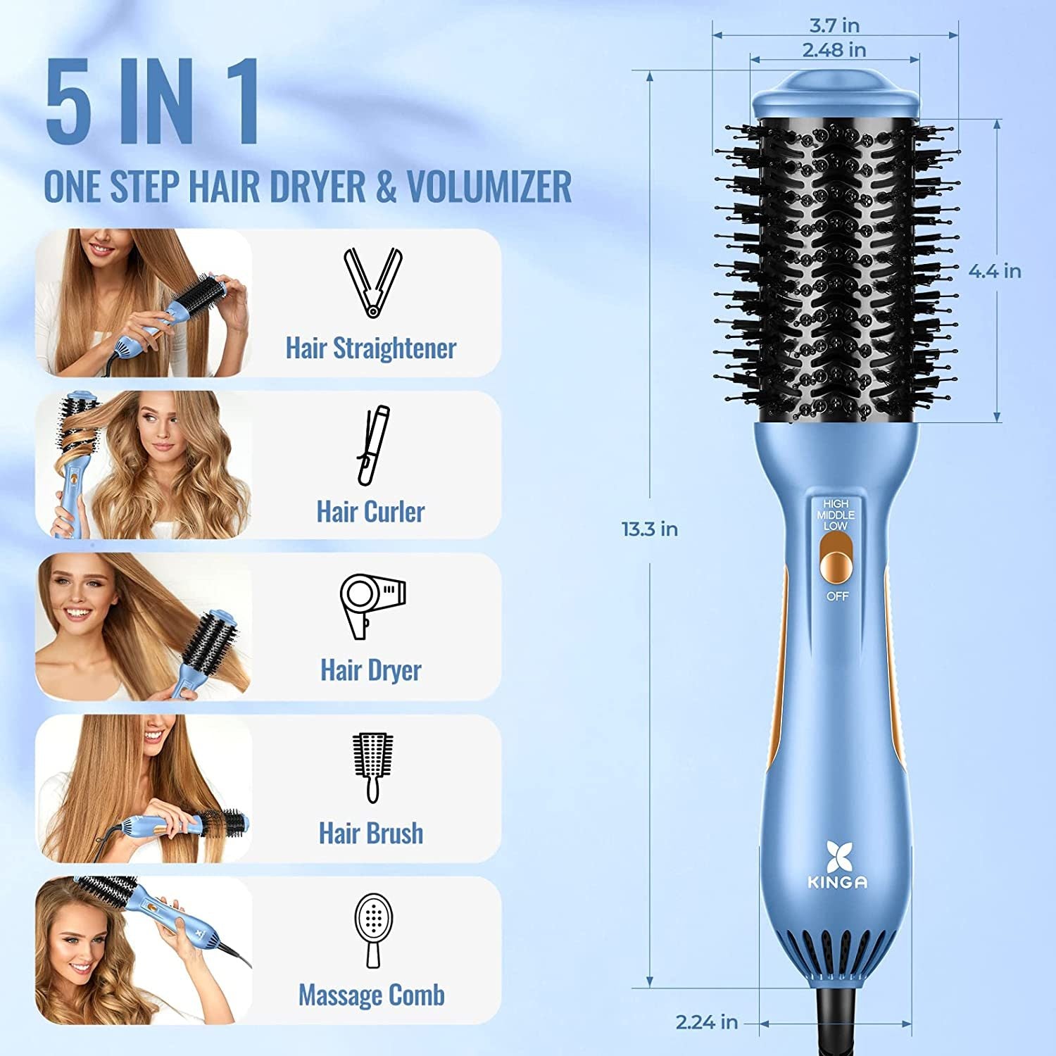 A sleek and modern Hair Brush Blow Dryer with a round brush design, featuring nylon bristles and a ceramic coating for effective styling and drying.