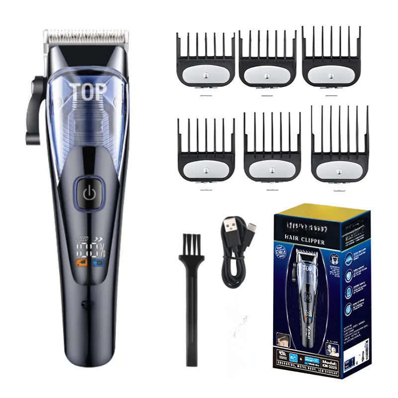 Professional hair clipper with LED display, ergonomic design, and stainless steel blades for precise haircuts.