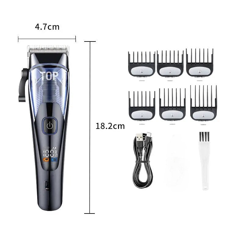 Professional hair clipper with LED display, ergonomic design, and stainless steel blades for precise haircuts.