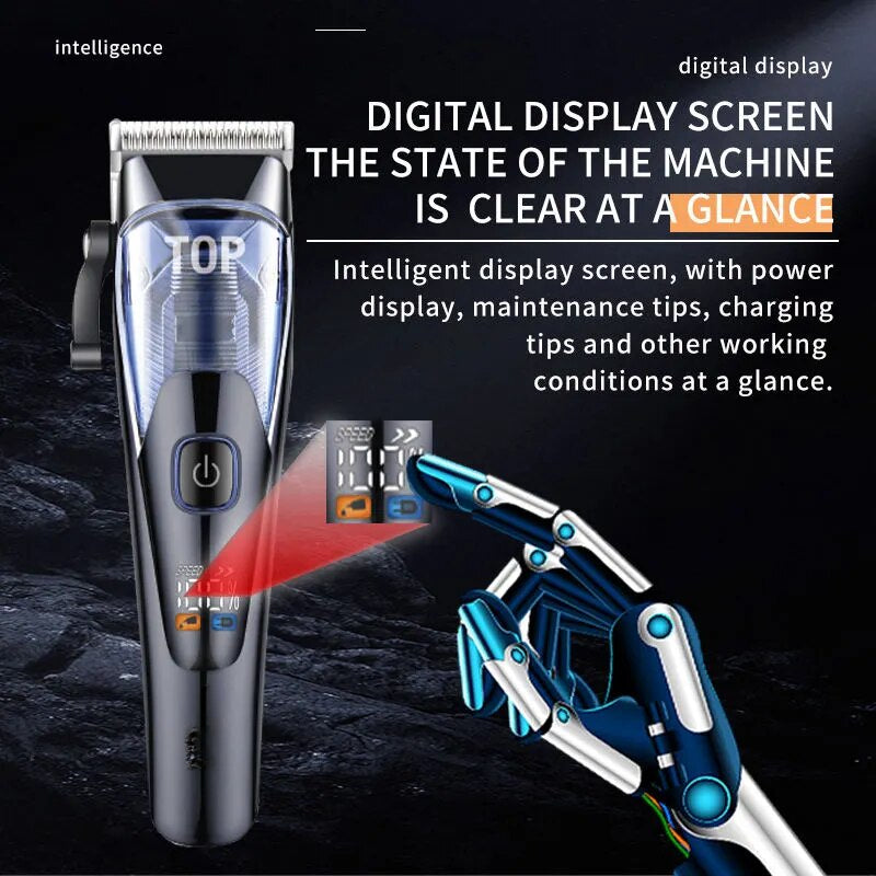 Professional hair clipper with LED display, ergonomic design, and stainless steel blades for precise haircuts.