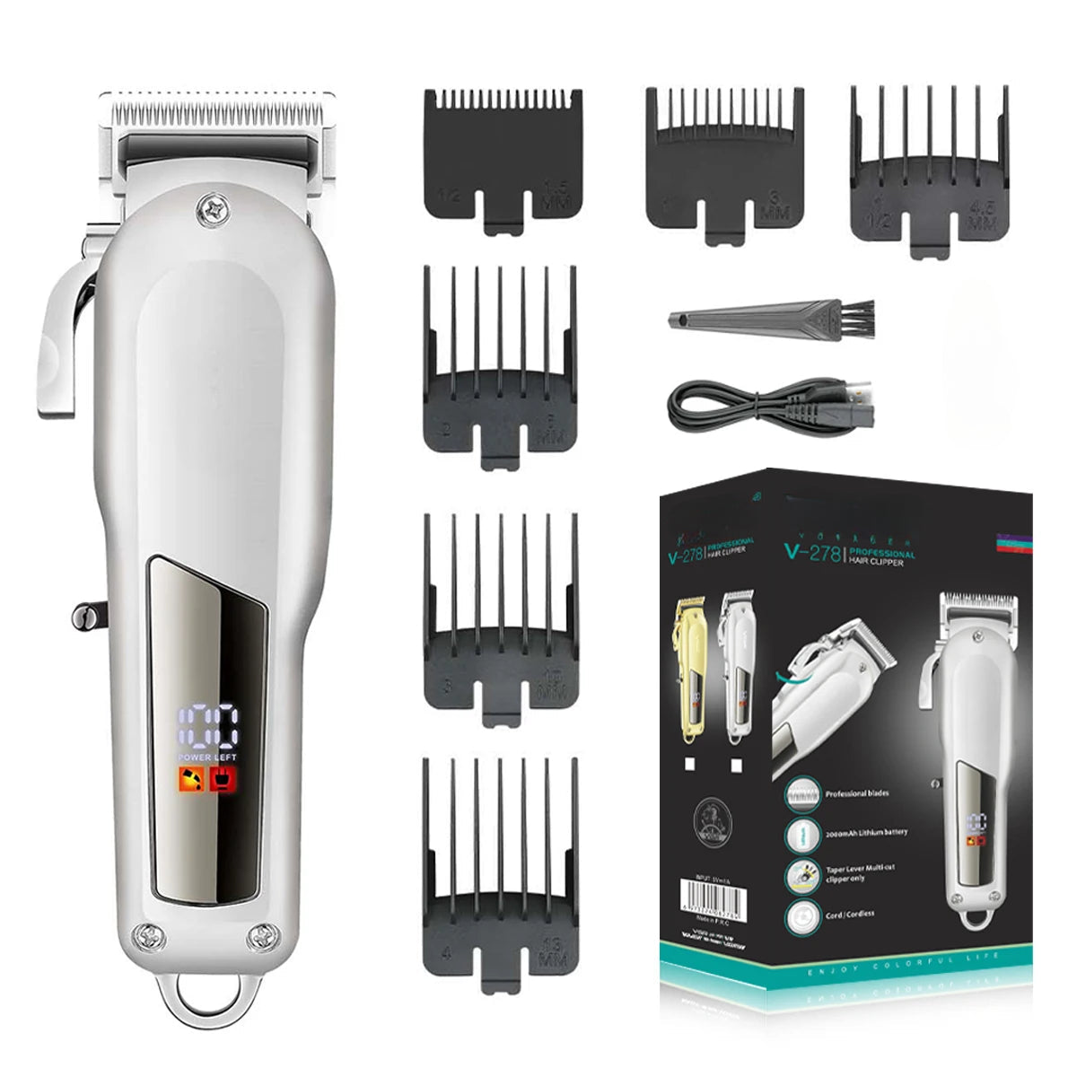 Professional hair clipper with stainless steel blades and adjustable taper lever, featuring an LED digital display and multiple guide combs.