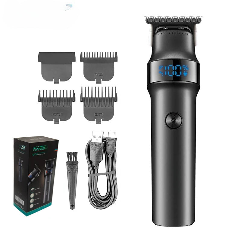 Professional Hair Clipper for men, featuring stainless steel blades, USB charging, and an LED display for battery status.