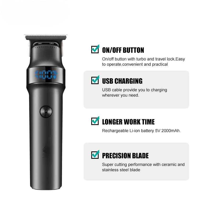 Professional Hair Clipper for men, featuring stainless steel blades, USB charging, and an LED display for battery status.