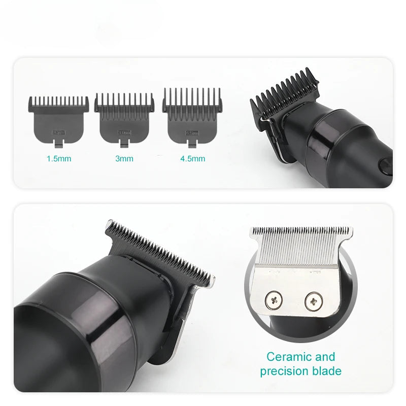 Professional Hair Clipper for men, featuring stainless steel blades, USB charging, and an LED display for battery status.