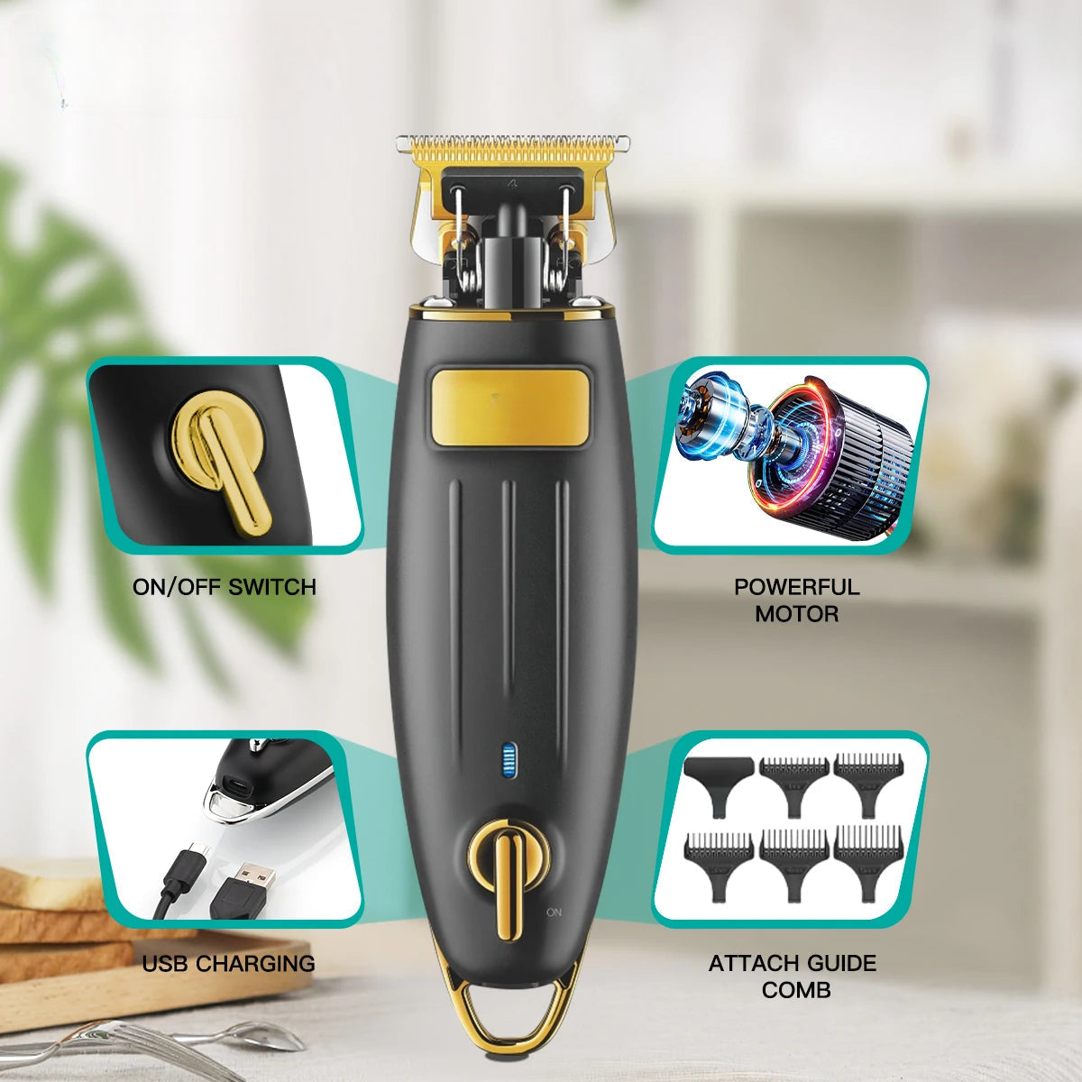 Rechargeable hair clipper with stainless steel blades and USB charging, designed for professional haircuts.