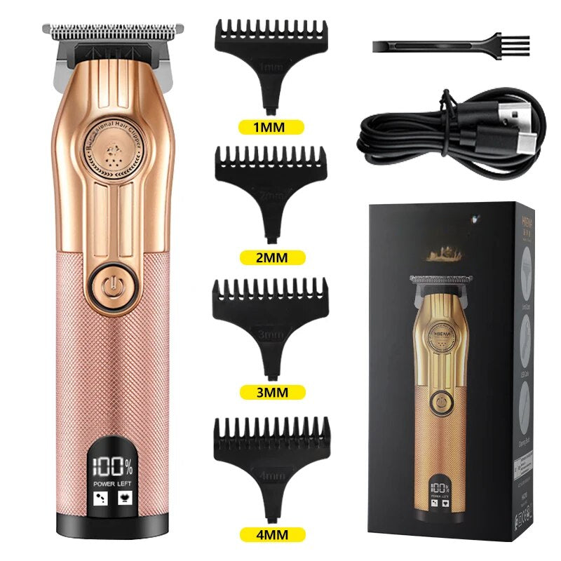 Rechargeable professional hair clipper for men with alloy cutter head and limit combs, designed for precision and comfort.