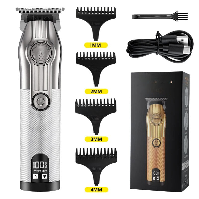 Rechargeable professional hair clipper for men with alloy cutter head and limit combs, designed for precision and comfort.