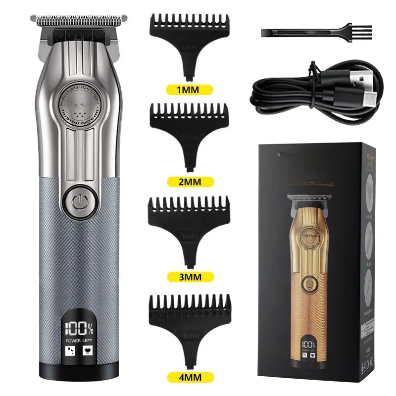 Rechargeable professional hair clipper for men with alloy cutter head and limit combs, designed for precision and comfort.