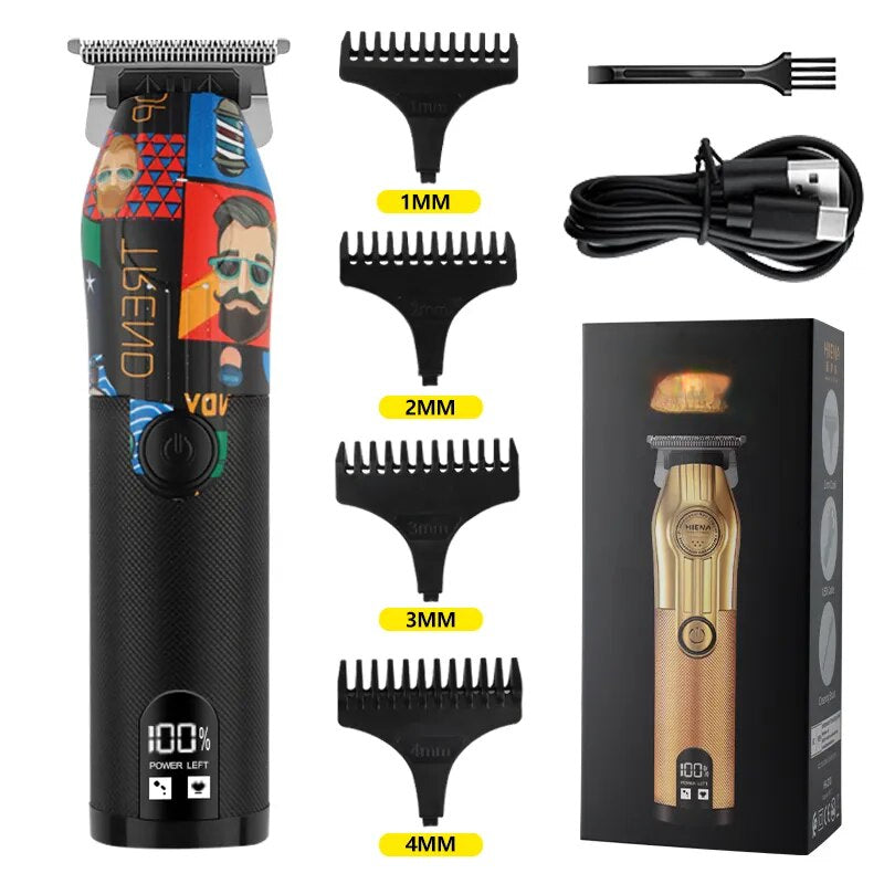 Rechargeable professional hair clipper for men with alloy cutter head and limit combs, designed for precision and comfort.