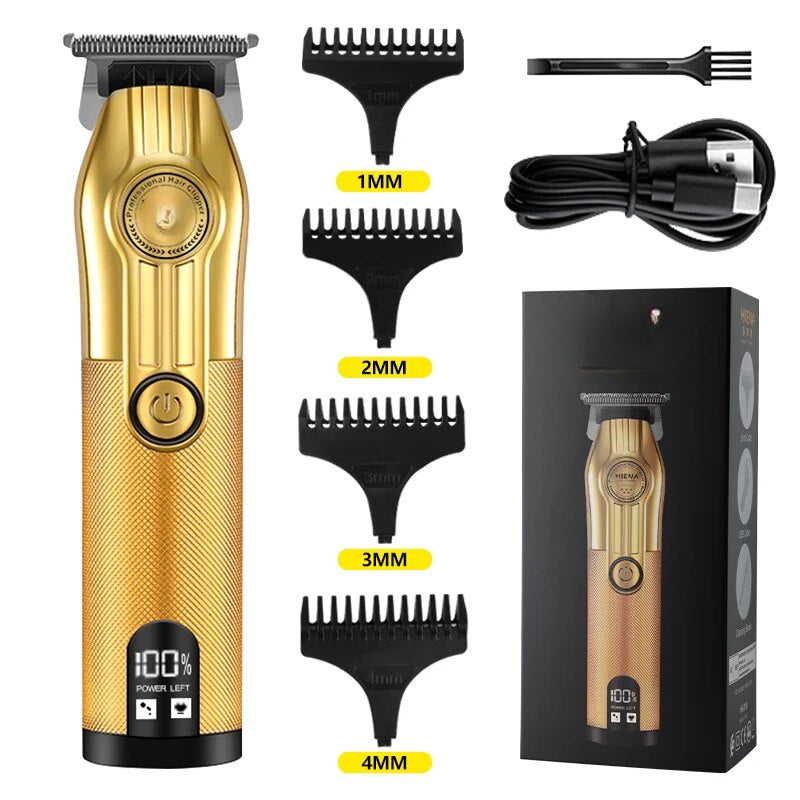 Rechargeable professional hair clipper for men with alloy cutter head and limit combs, designed for precision and comfort.