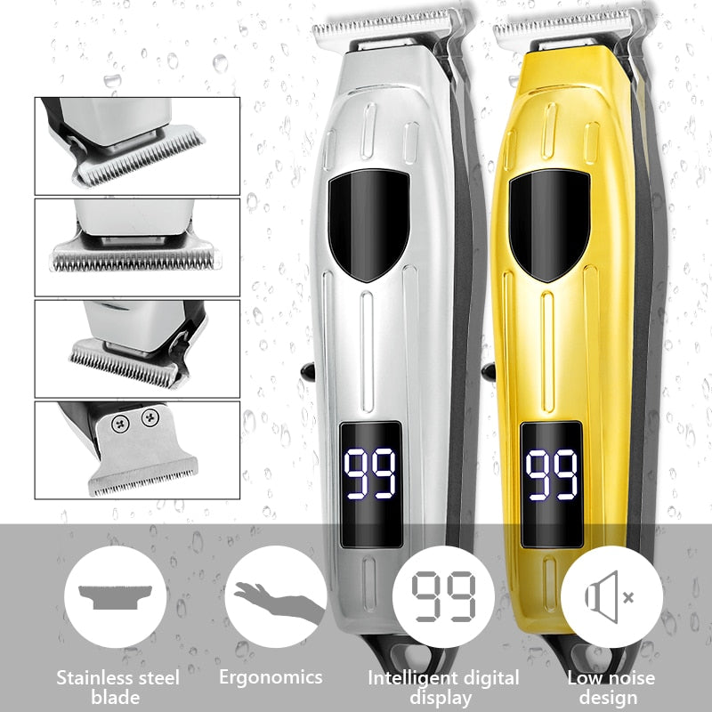 Hair Clipper Set featuring a cordless electric hair trimmer with titanium and ceramic blades, limit combs, and a digital LED display.