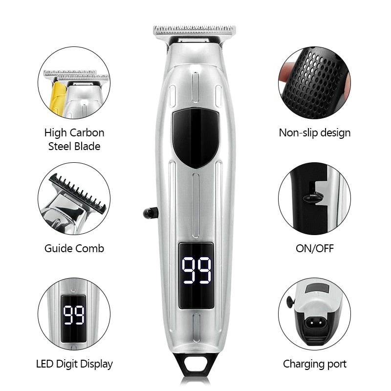 Hair Clipper Set featuring a cordless electric hair trimmer with titanium and ceramic blades, limit combs, and a digital LED display.