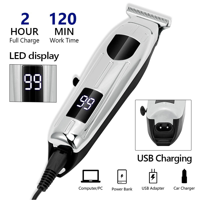 Hair Clipper Set featuring a cordless electric hair trimmer with titanium and ceramic blades, limit combs, and a digital LED display.