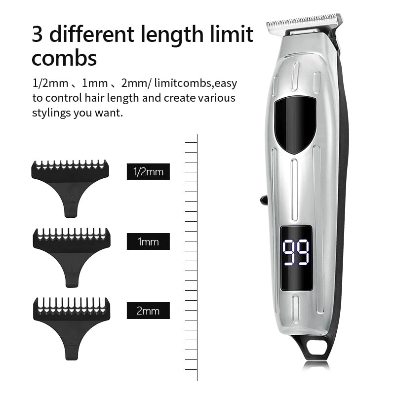 Hair Clipper Set featuring a cordless electric hair trimmer with titanium and ceramic blades, limit combs, and a digital LED display.