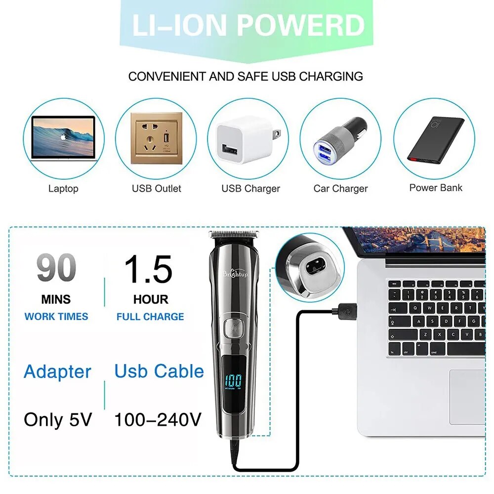 Professional 11-in-1 hair clippers for men with various attachments for grooming, featuring a ceramic titanium blade and LCD display.