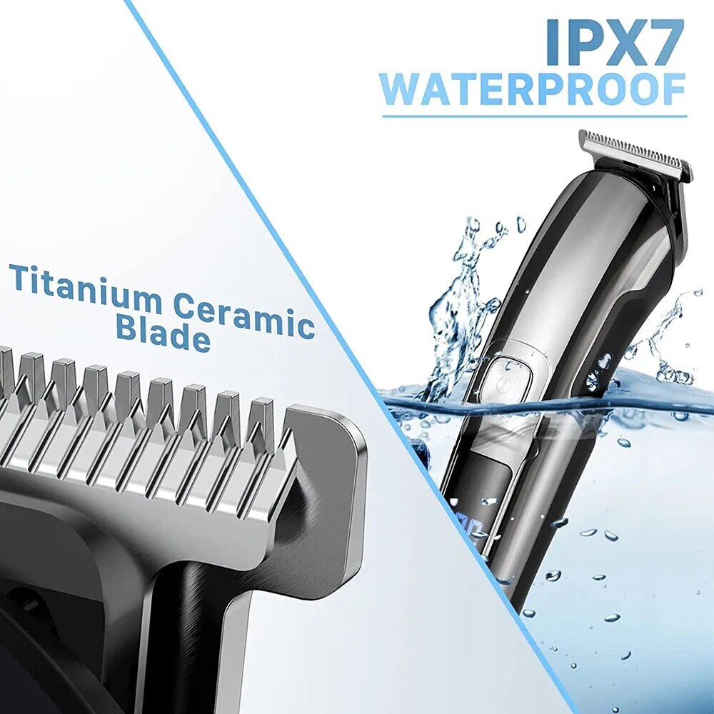 Professional 11-in-1 hair clippers for men with various attachments for grooming, featuring a ceramic titanium blade and LCD display.