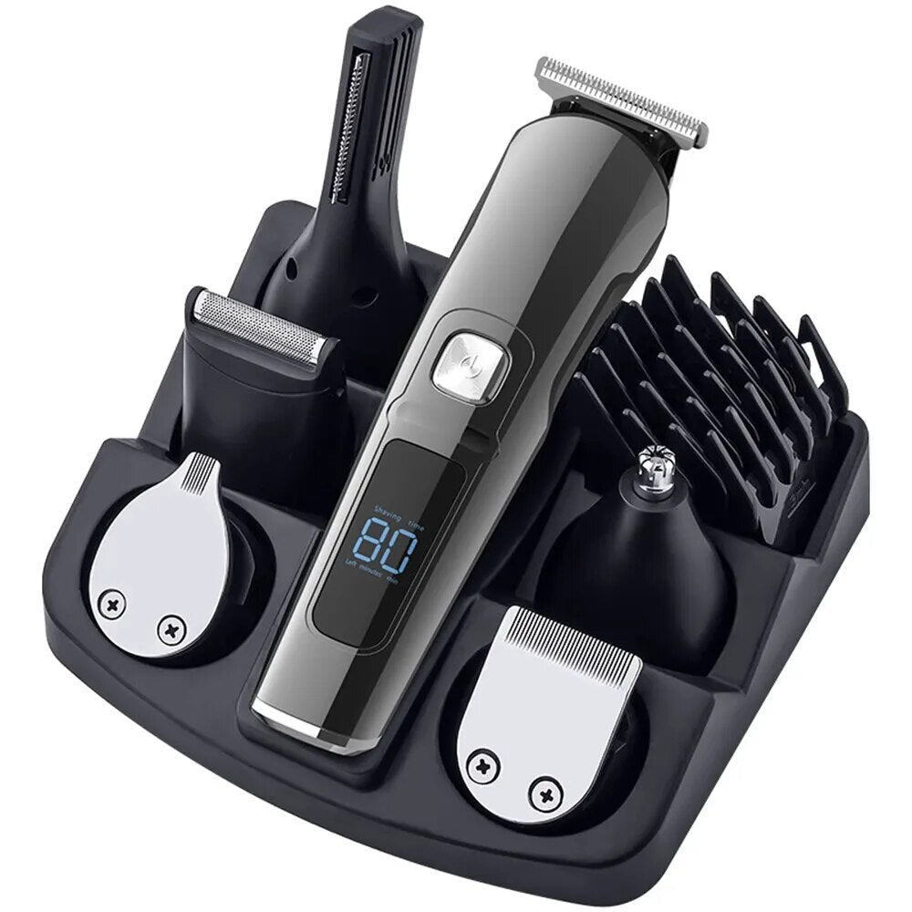 Professional 11-in-1 hair clippers for men with various attachments for grooming, featuring a ceramic titanium blade and LCD display.