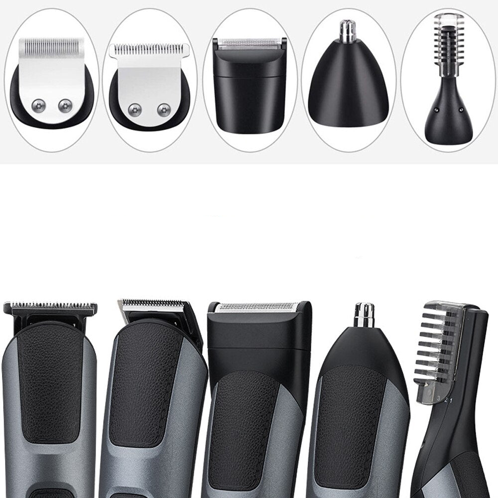 Multifunctional 5 in 1 hair clippers for men, featuring stainless steel blades and cordless design, ideal for professional grooming.