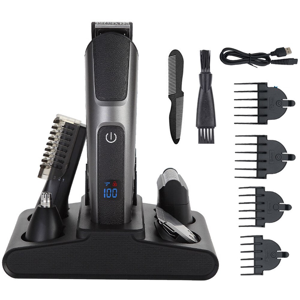 Multifunctional 5 in 1 hair clippers for men, featuring stainless steel blades and cordless design, ideal for professional grooming.