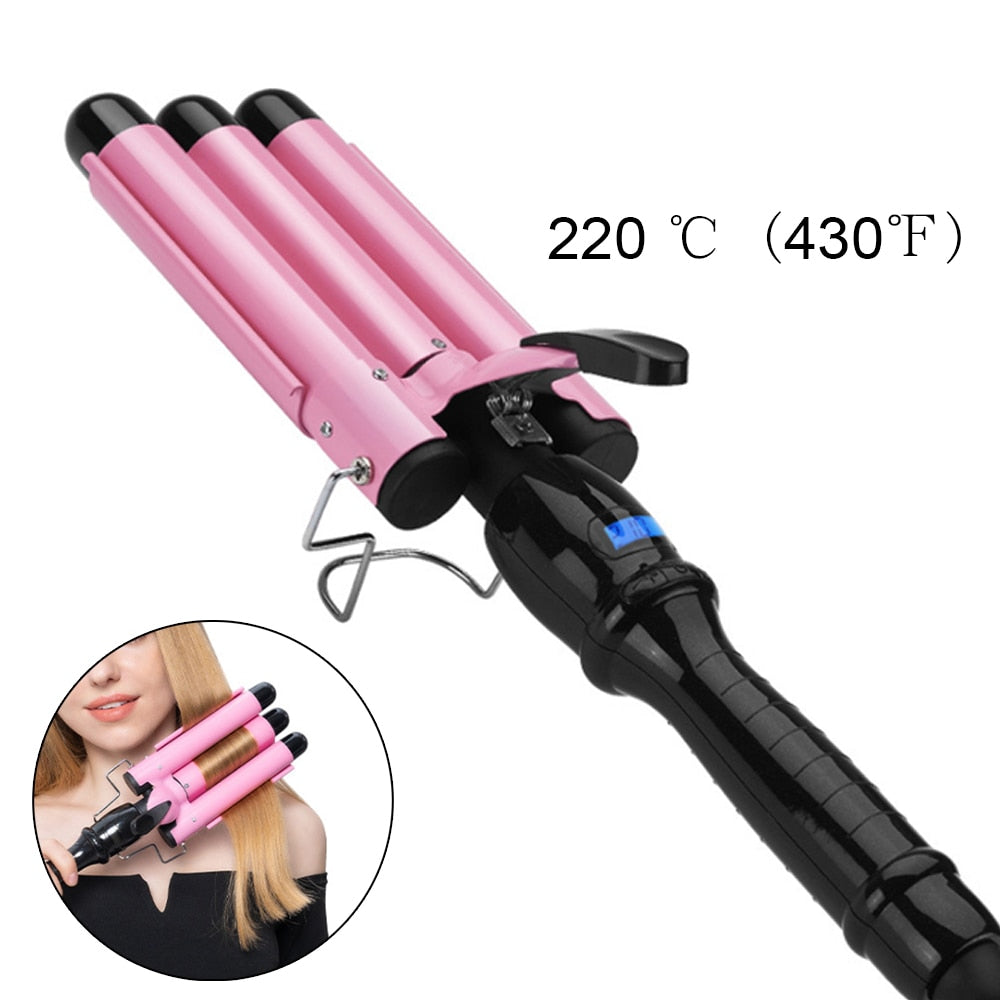 Hair Curler Triple Barrel Waver with three barrels for creating beachy waves, featuring an LCD display and adjustable temperature settings.