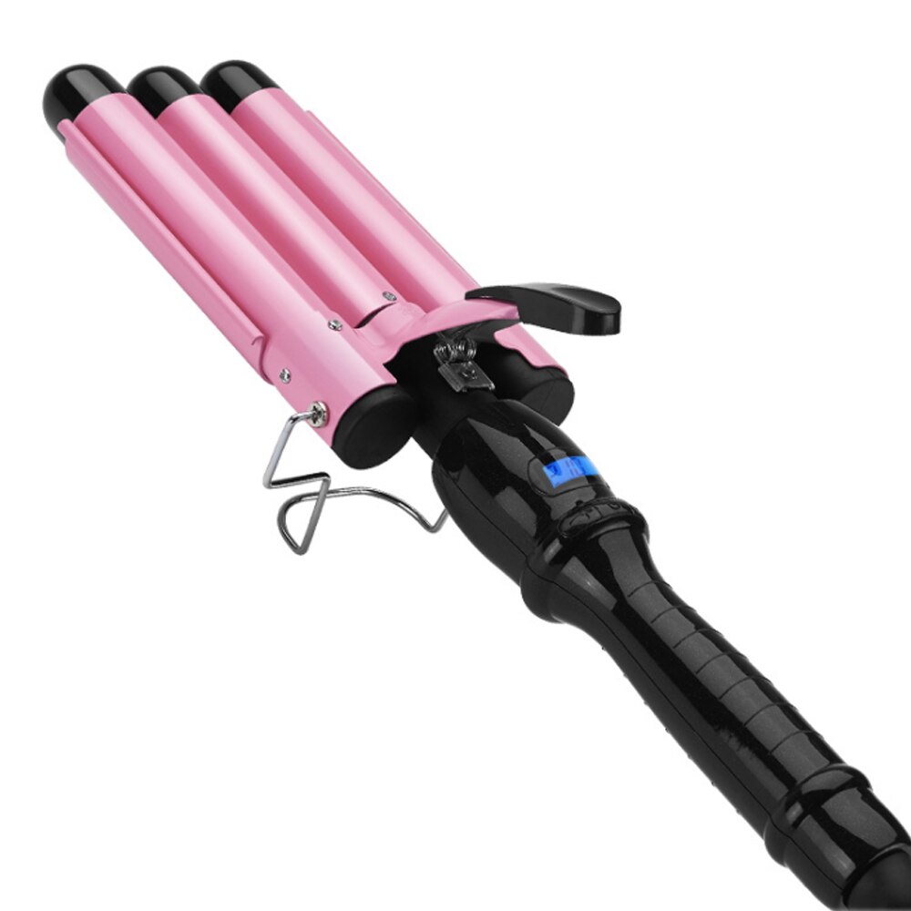 Hair Curler Triple Barrel Waver with three barrels for creating beachy waves, featuring an LCD display and adjustable temperature settings.