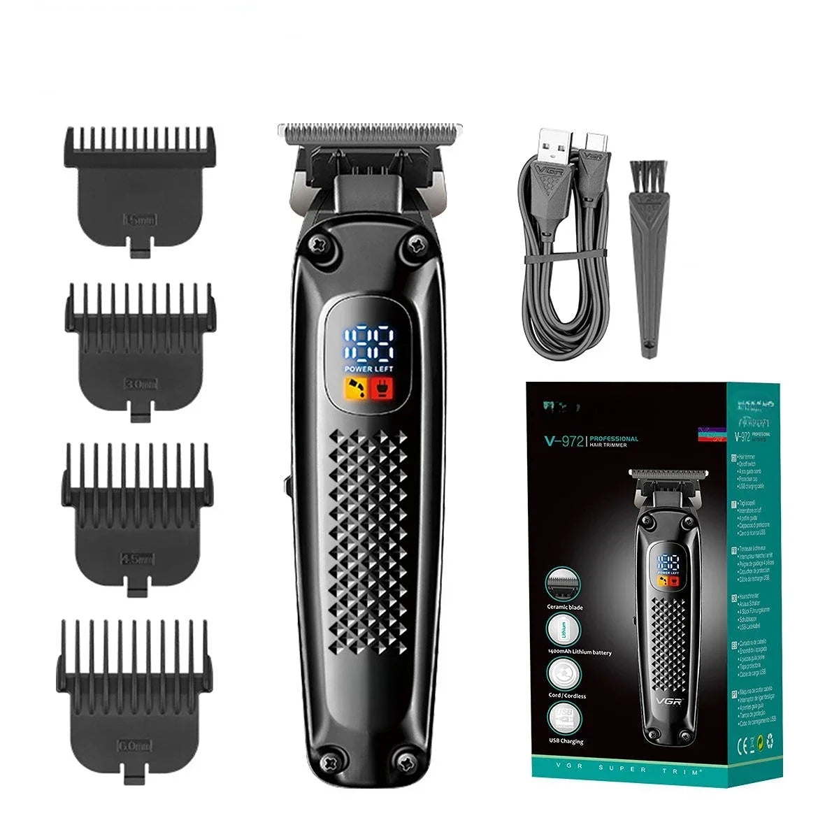 Professional hair trimmer with ceramic blades and LED display, designed for precise haircuts.