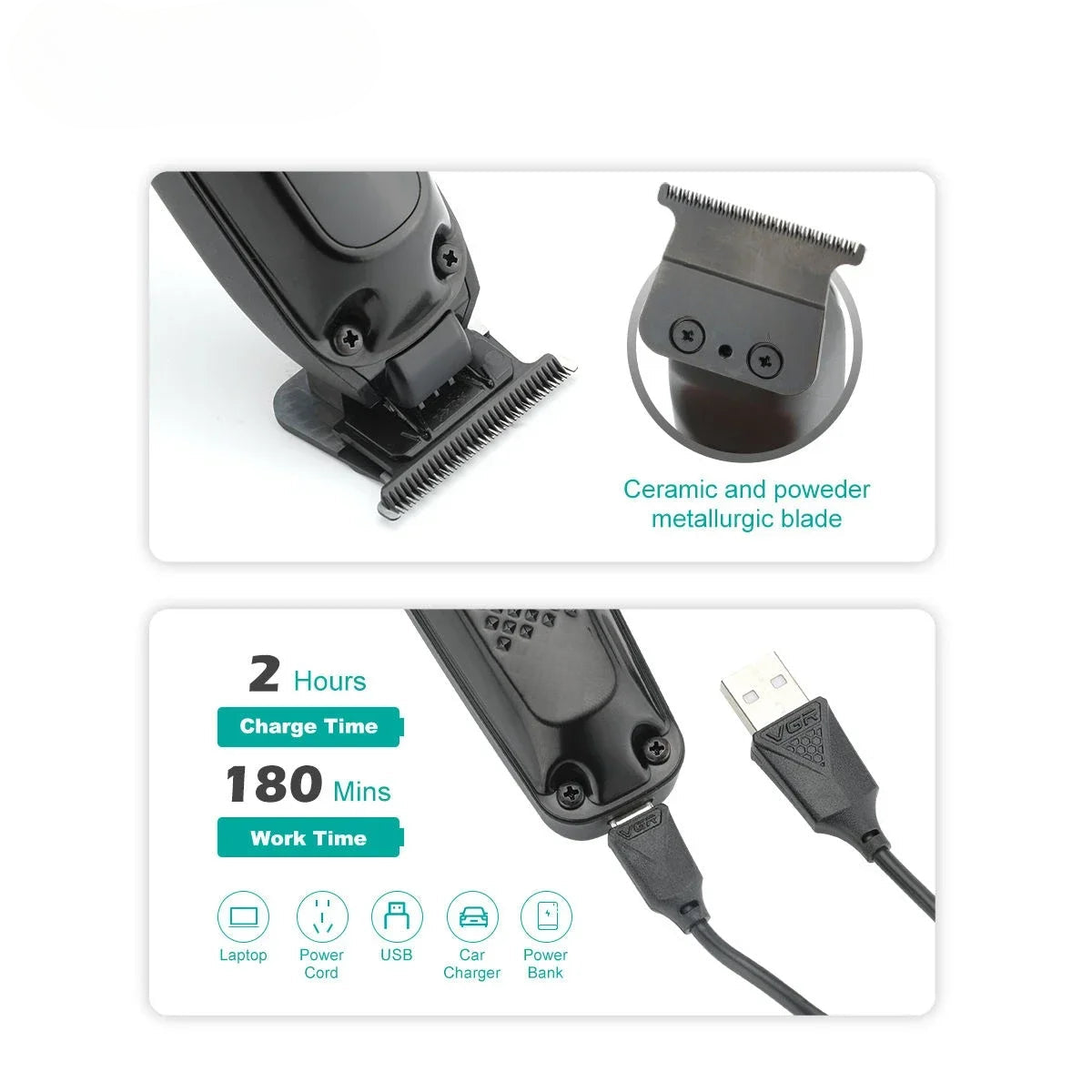 Professional hair trimmer with ceramic blades and LED display, designed for precise haircuts.