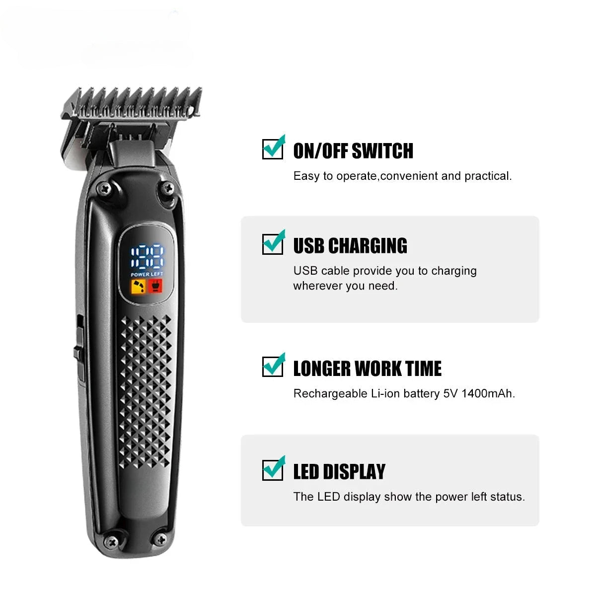 Professional hair trimmer with ceramic blades and LED display, designed for precise haircuts.