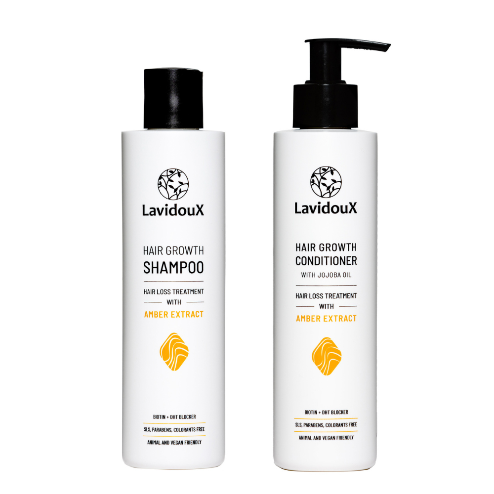 Hair Growth Shampoo and Conditioner Set featuring Amber Extract and Jojoba Oil in elegant packaging, designed for promoting hair health.