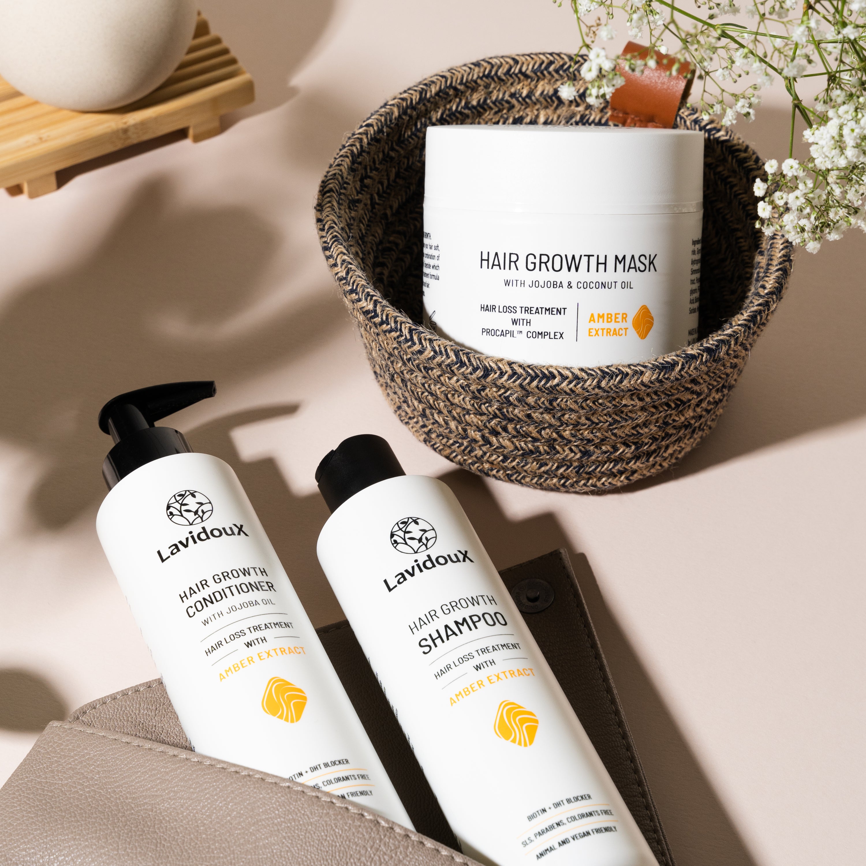 Hair Growth Shampoo and Conditioner Set featuring Amber Extract and Jojoba Oil in elegant packaging, designed for promoting hair health.