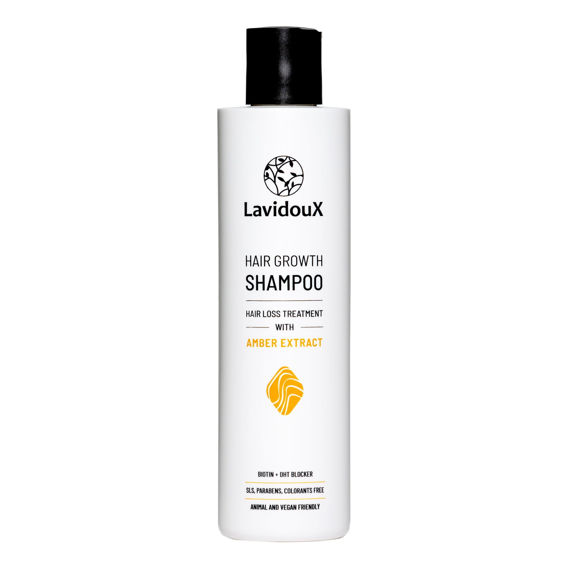 Hair Growth Shampoo bottle with Amber Extract and Jojoba Oil, designed to prevent hair loss and promote growth.