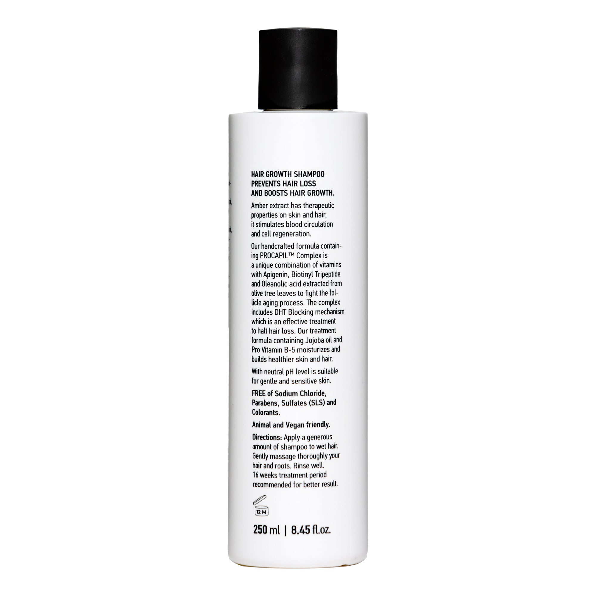 Hair Growth Shampoo bottle with Amber Extract and Jojoba Oil, designed to prevent hair loss and promote growth.