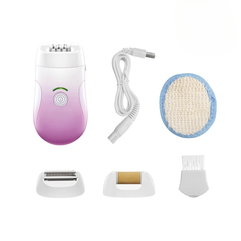 Rechargeable bikini epilator for women, featuring a stylish design and multiple cutter heads for hair removal, shaving, and exfoliation.