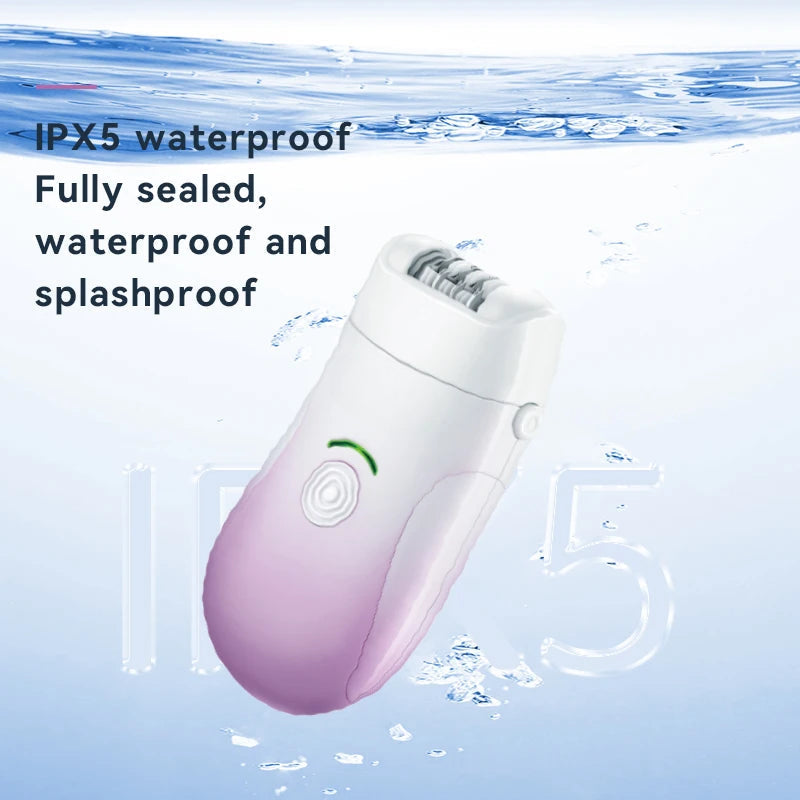 Rechargeable bikini epilator for women, featuring a stylish design and multiple cutter heads for hair removal, shaving, and exfoliation.