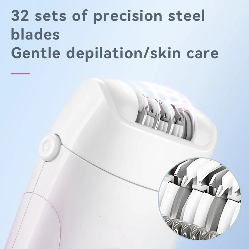 Rechargeable bikini epilator for women, featuring a stylish design and multiple cutter heads for hair removal, shaving, and exfoliation.