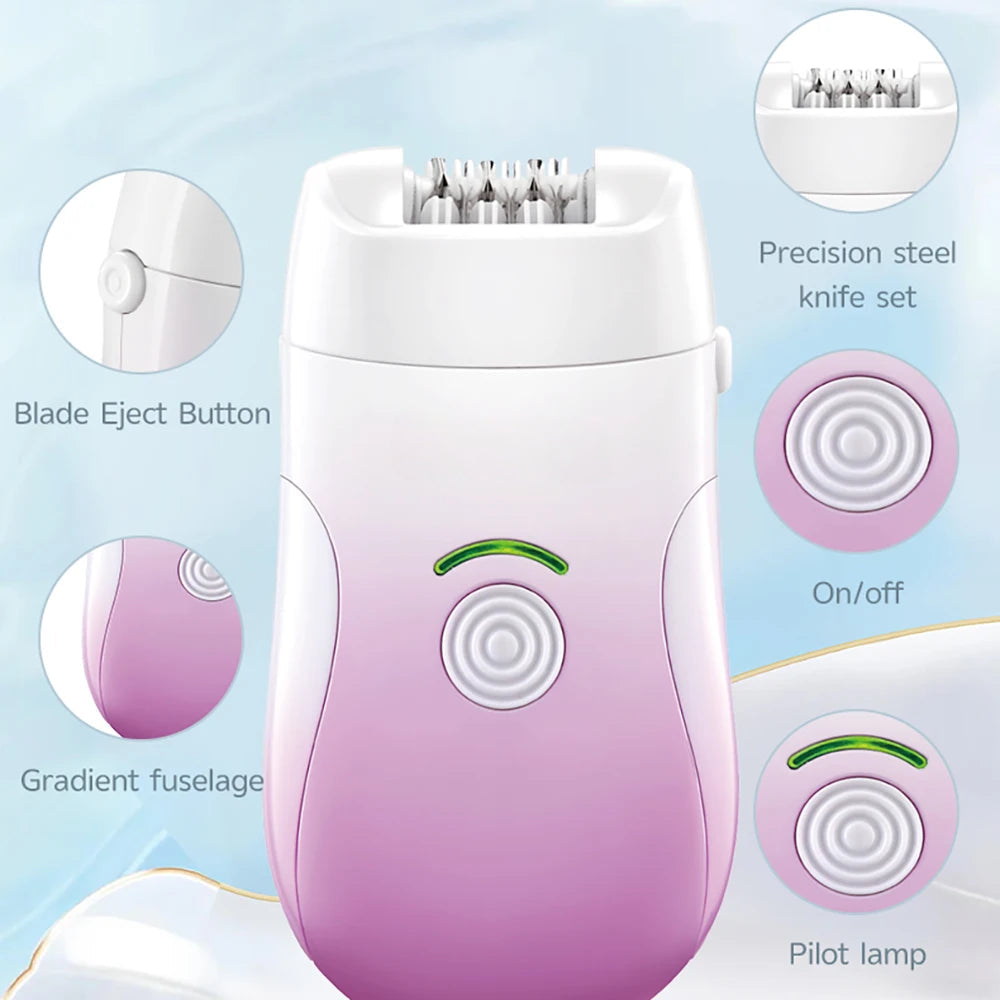 Rechargeable bikini epilator for women, featuring a stylish design and multiple cutter heads for hair removal, shaving, and exfoliation.