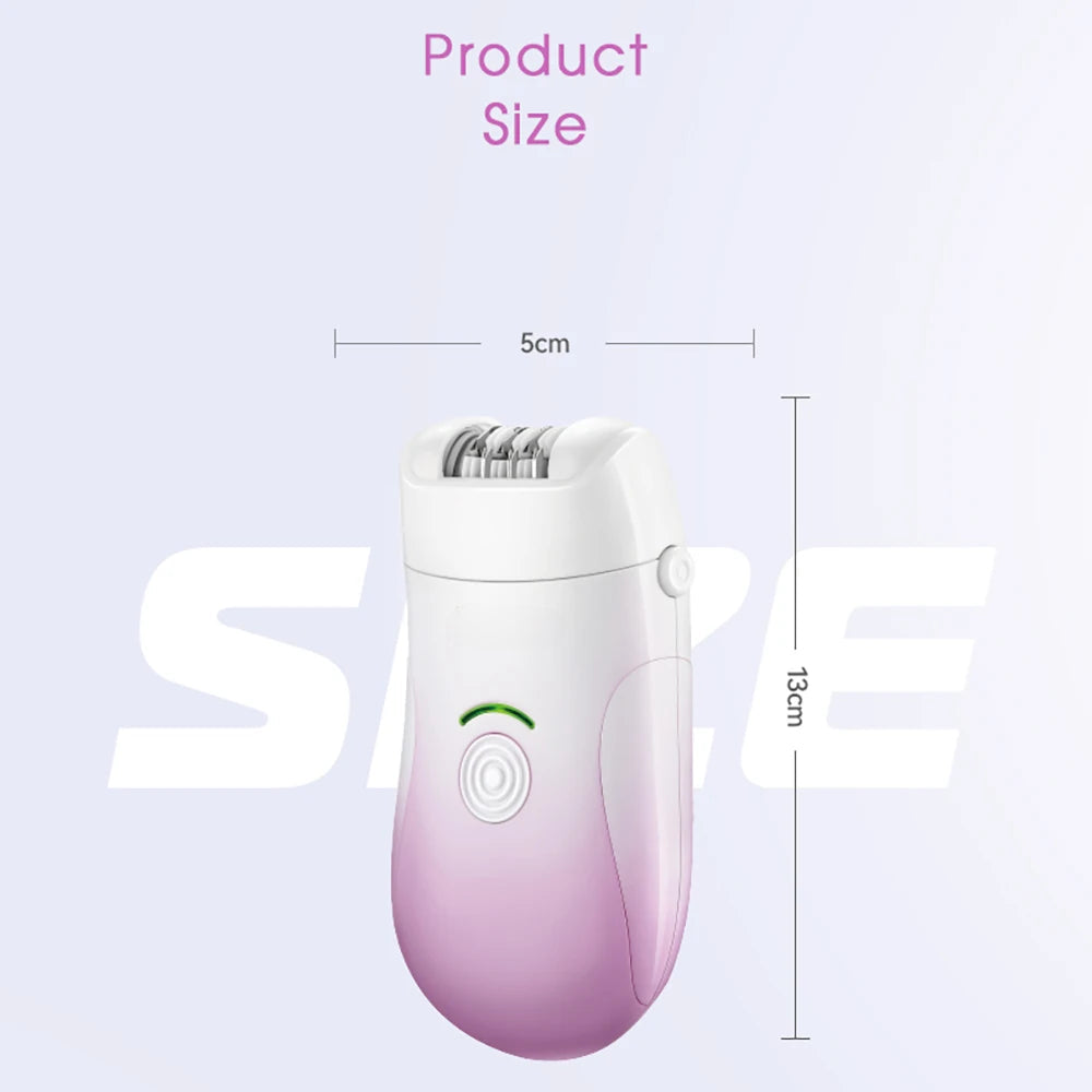 Rechargeable bikini epilator for women, featuring a stylish design and multiple cutter heads for hair removal, shaving, and exfoliation.