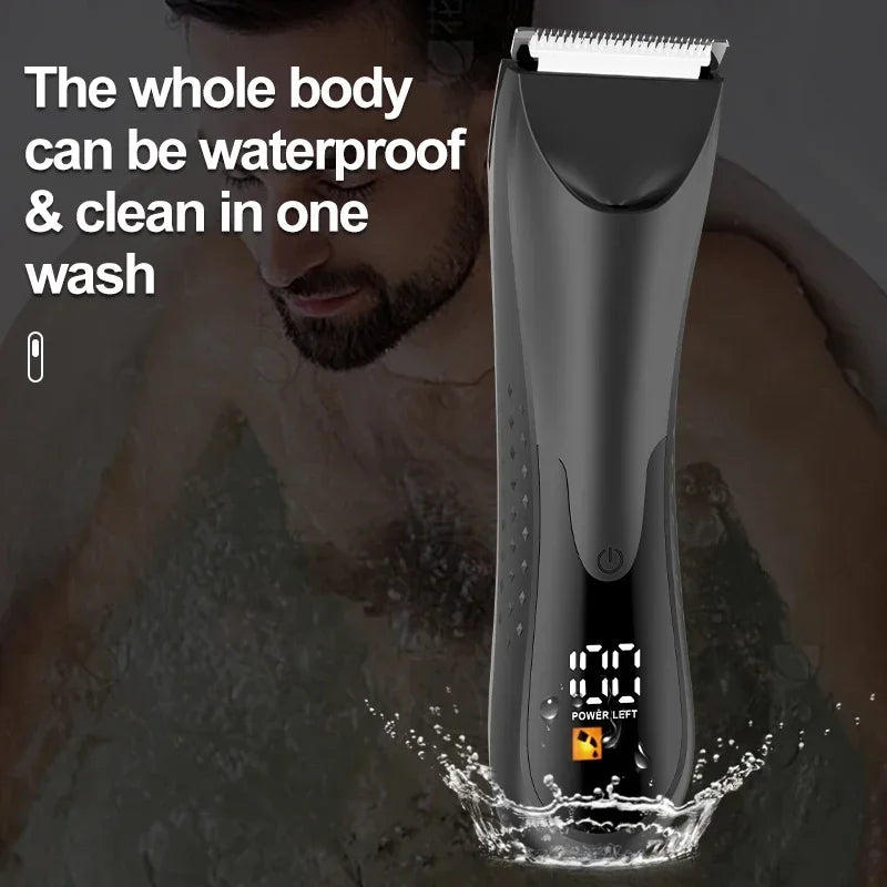 Electric Hair Trimmer for men and women, designed for bikini and body hair removal, featuring a sleek design and waterproof functionality.