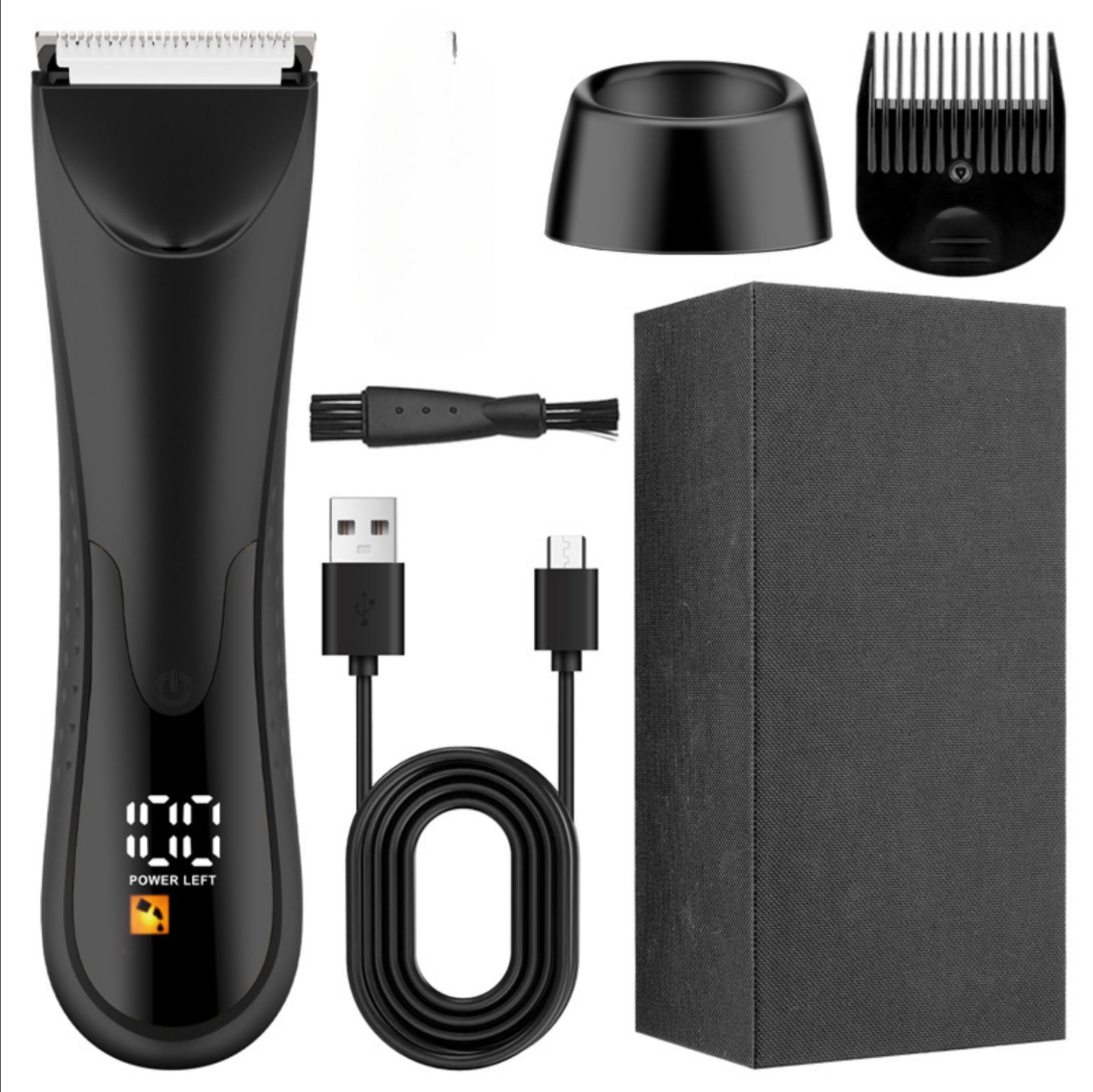 Electric Hair Trimmer for men and women, designed for bikini and body hair removal, featuring a sleek design and waterproof functionality.