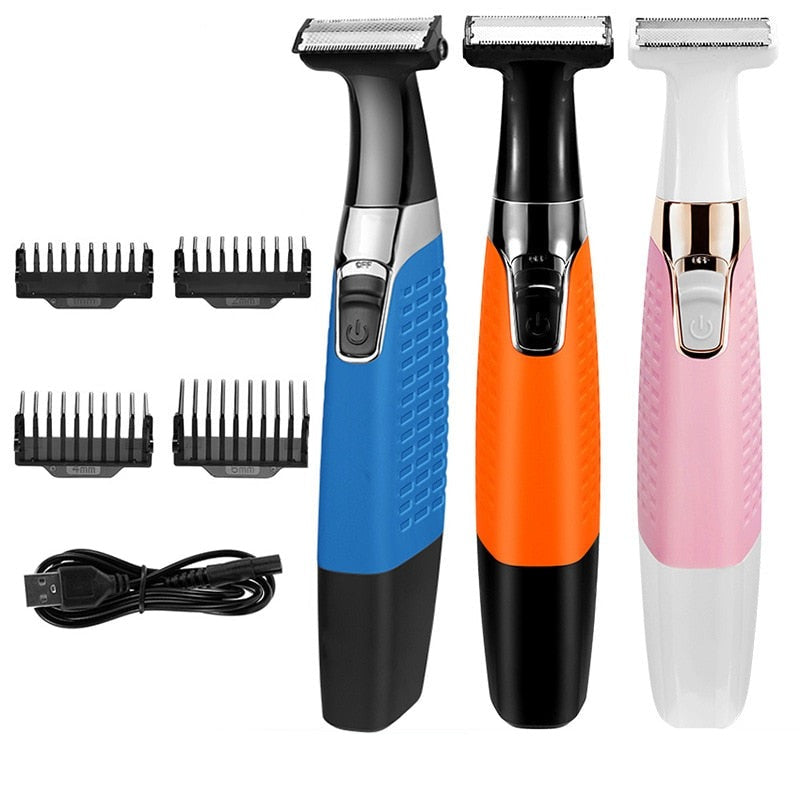 Rechargeable hair removal trimmer for intimate areas, featuring dual blades and washable design, suitable for men and women.