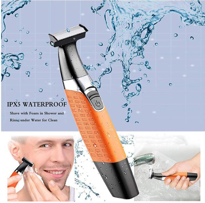 Rechargeable hair removal trimmer for intimate areas, featuring dual blades and washable design, suitable for men and women.