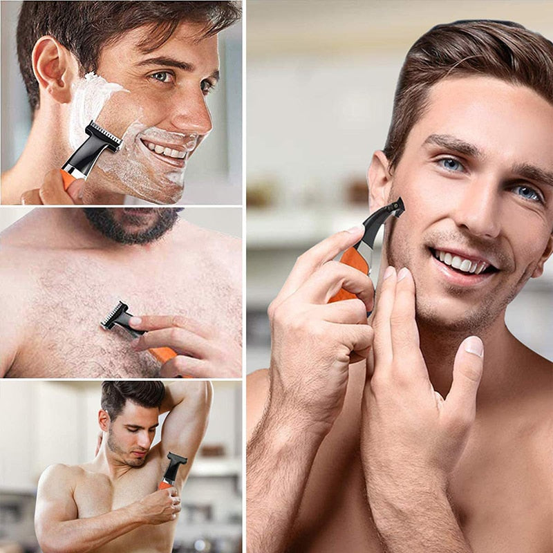 Rechargeable hair removal trimmer for intimate areas, featuring dual blades and washable design, suitable for men and women.