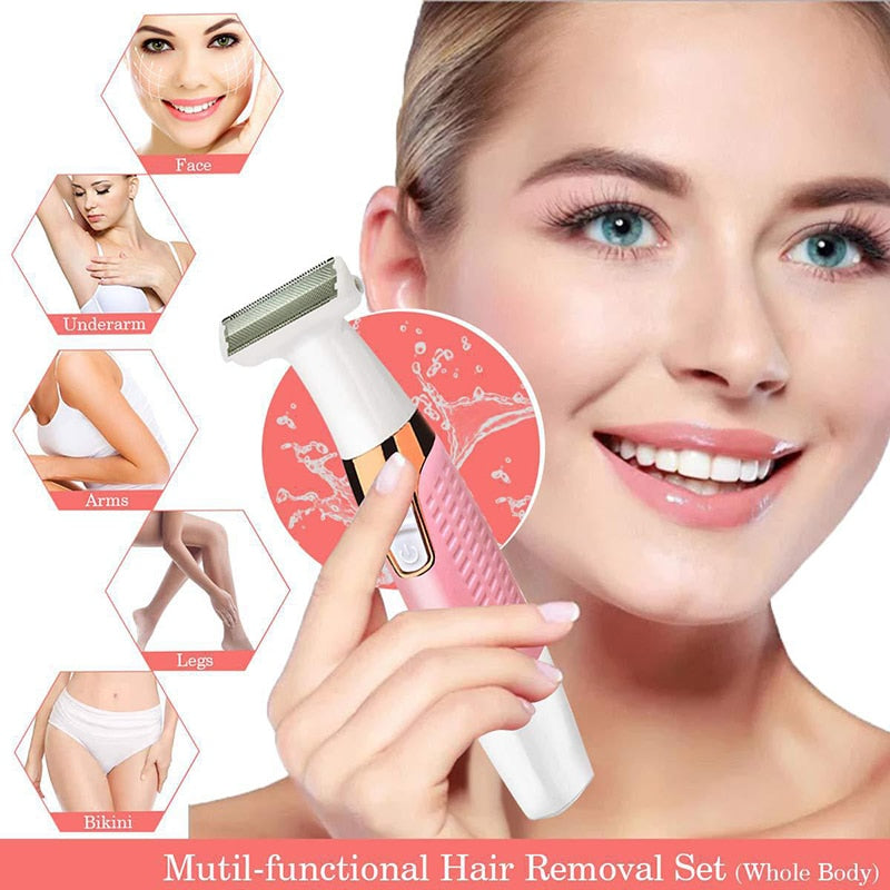 Rechargeable hair removal trimmer for intimate areas, featuring dual blades and washable design, suitable for men and women.