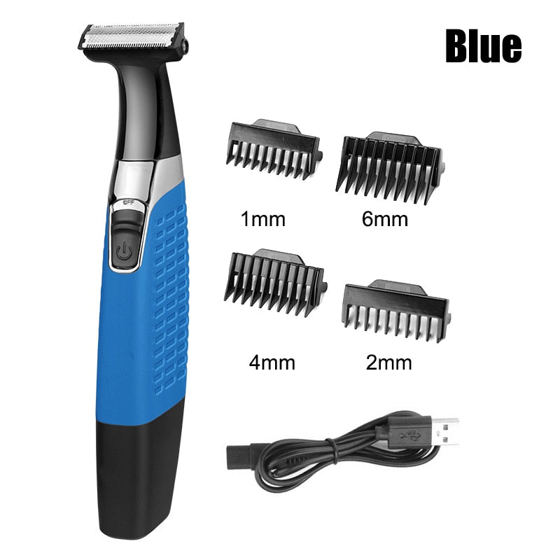 Rechargeable hair removal trimmer for intimate areas, featuring dual blades and washable design, suitable for men and women.